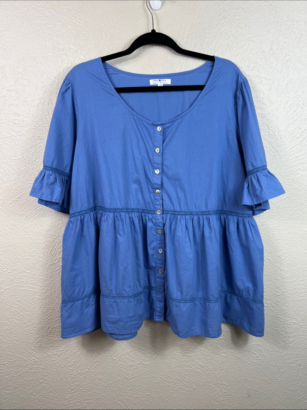 April Cornell for Modern Prairie Blue Button Front Short Ruffle Sleeve Blouse 3X
